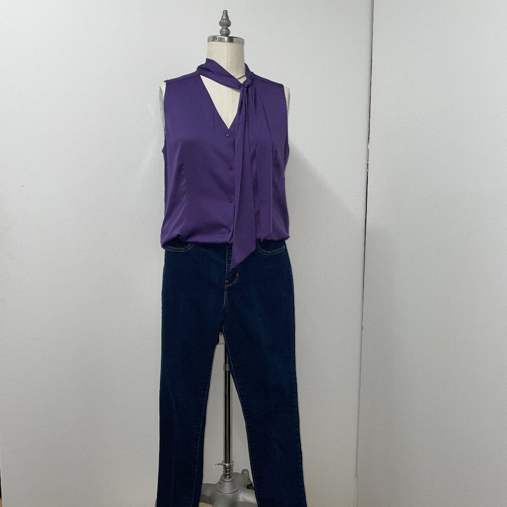 Anne Klein Dark Purple Sleeveless Neck Tie Blouse Size L